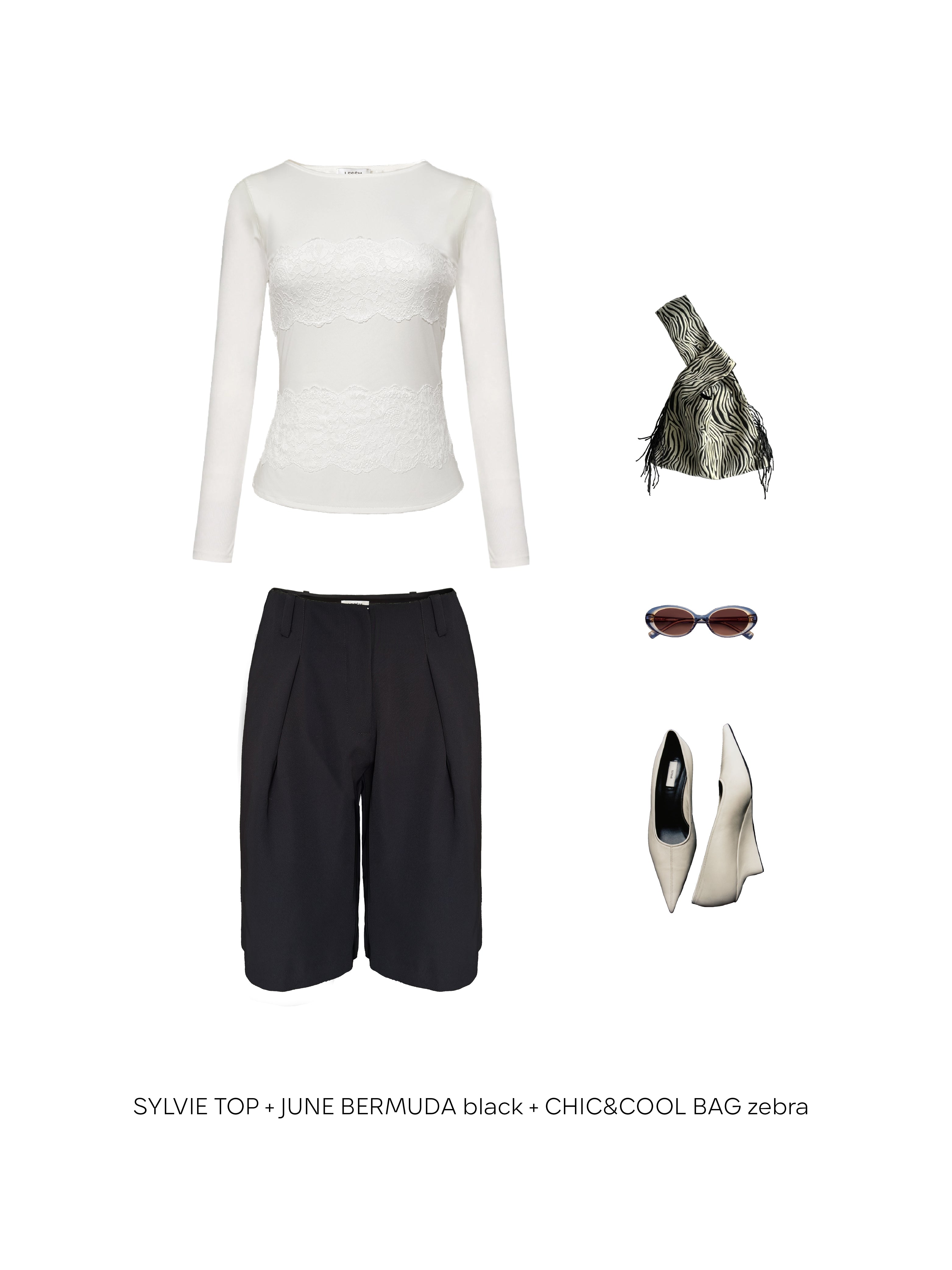 SYLVIE TOP + JUNE BERMUDA black + CHIC&COOL BAG zebra